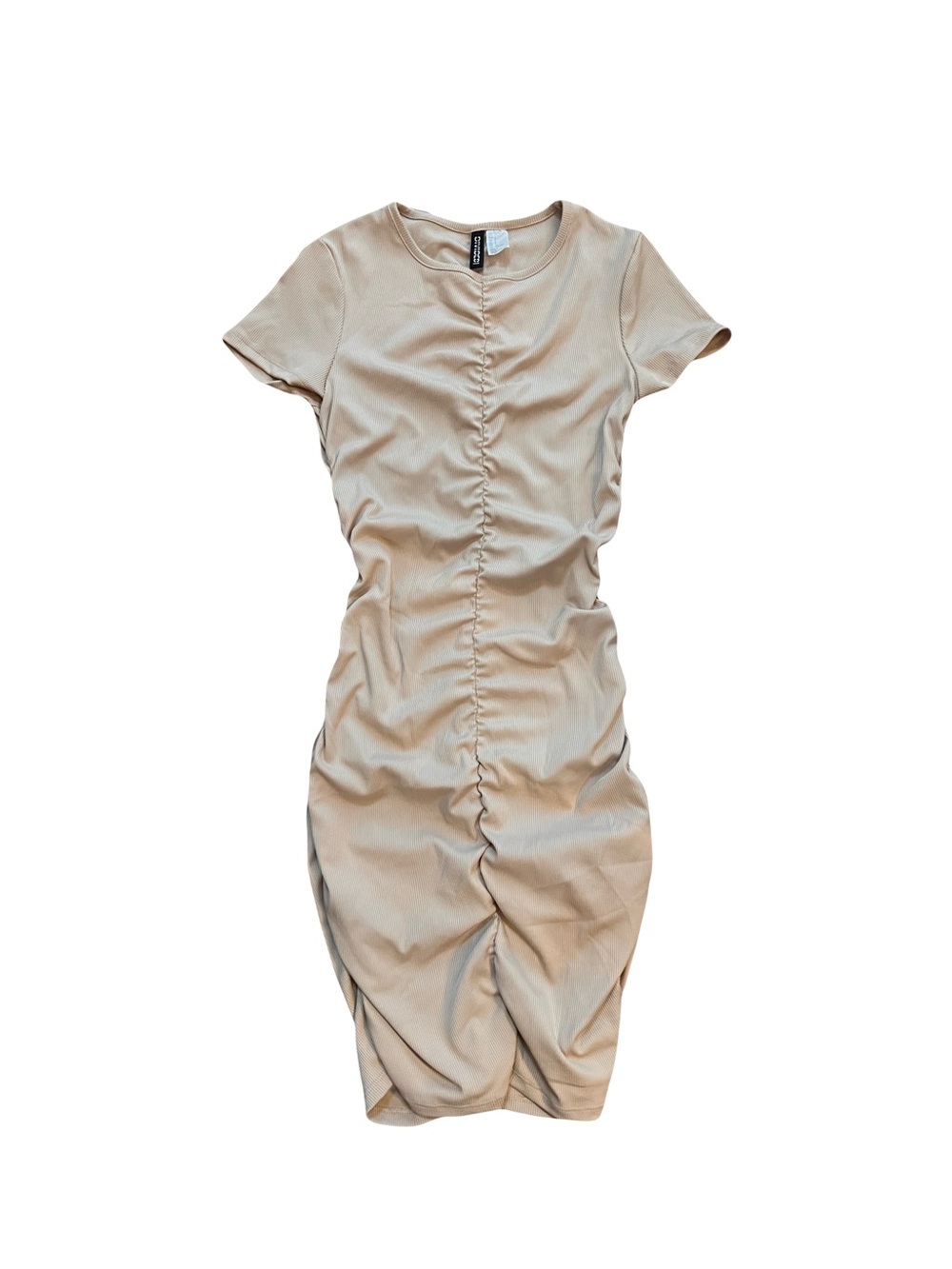 H&M Beige Ruched Midi Bodycon Dress